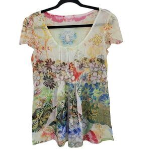 Sheer Baby Doll Top M White Multicolor Floral Puff Sleeve Ruched Fairy Core